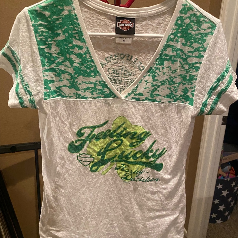 Harley-Davidson Green and White V-Neck T-Shirt